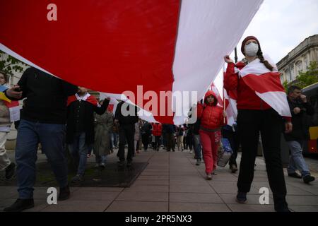 Warsaw, Poland. 26h April, 2023. People rally under the slogan 'No nucelar weapons in Belarus' on the 37th anniversary of the Chernobyl nuclear reactor disaster in Warsaw, Poland on 26 April, 2023. Credit: Jaap Arriens/Alamy Live News. Stock Photo