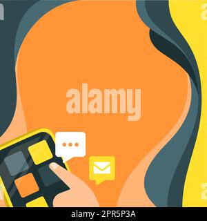 Finger Pressing Application Button Presenting Technological Advances Global Network Connection. Hand Using Mobile Opening Digital Representing Technology Development. Stock Vector