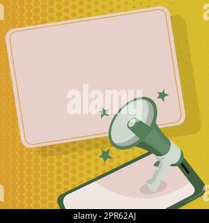 Megaphone Displaying Important Message. Object Announcing News Bulletin Board Pointing Arrow Presenting Announcement Information Exhibiting Detailed Report. Stock Vector