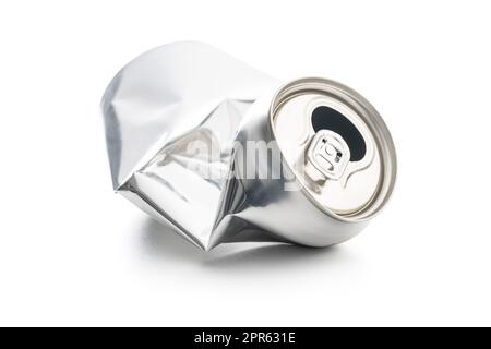 Empty crumpled can isolated on white background. Stock Photo