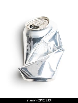 Empty crumpled can isolated on white background. Stock Photo