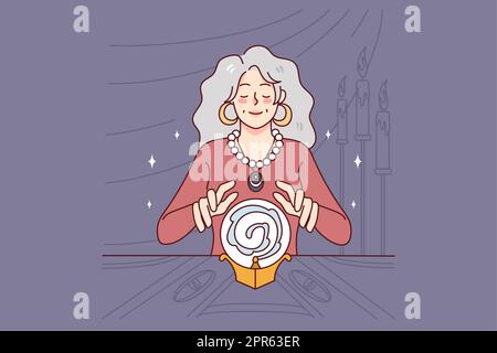 Female witch with magical crystal ball predicting future. Woman fortune teller reading destiny in dark room. Magic and superstition. Vector illustrati Stock Photo