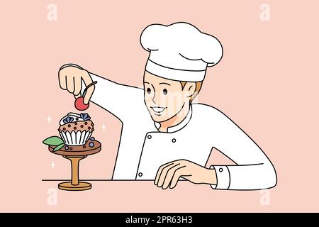 Male pastry chef decorate cake in confectionary shop. Man confectioner preparing cupcake. Dessert making. Vector illustration. Stock Photo