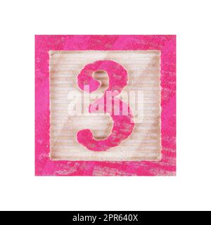 Number 3 three childs wood block on white with clipping path Stock Photo