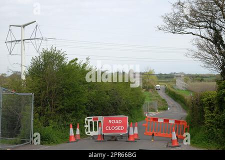 April 2023 - Road closed while power cables are installed as part of the Hinkley Point Nuclear Power Station connection project, Sandford, Somerset, Stock Photo