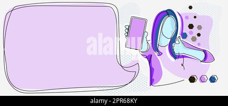 Line Drawing For Lady Holding Phone Presenting New Ideas With Speech Bubble. Woman Carrying Mobile Displaying New Ideas With Conversation Balloon. Stock Vector