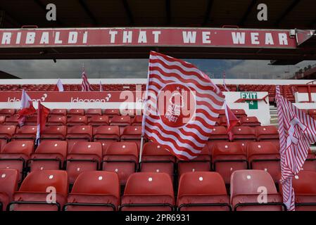 The City Ground, Nottingham, UK. 26th Apr, 2023. Premier League Football, Nottingham Forest versus Brighton and Hove Albion; Flags ready to be waved Credit: Action Plus Sports/Alamy Live News Stock Photo