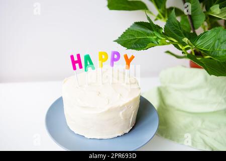Birthday cake, on a creamy biscuit the inscription happiness. Surprise holiday and birthday concept. Stock Photo