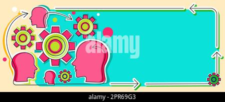 Multiple Heads With Cogs Showing Technology Ideas. Gears In Brain Symbols Design Displaying Mechanical And Technical Idea. Stock Vector