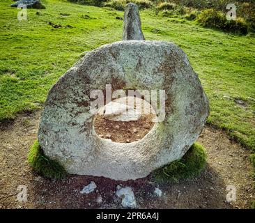 Men-an-Tol known as Men an Toll or Crick Stone - small formation of standing stones in Cornwall, United Kingdom Stock Photo