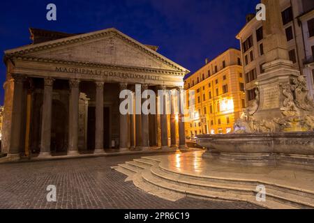 Illuminated Pantheon in Rome by night. One of the most famous historic landmark in Italy. Stock Photo