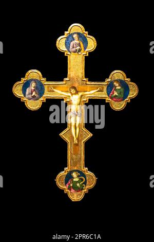 Antique crucifix made of gold - Roman Catholic Church, Jesus Christ. Stock Photo