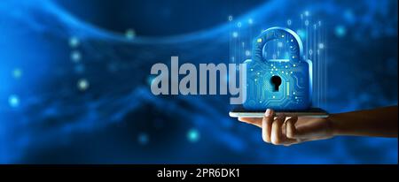 Man hand holding Padlock with Keyhole on Smartphone. Modern safety digital Concept Stock Photo