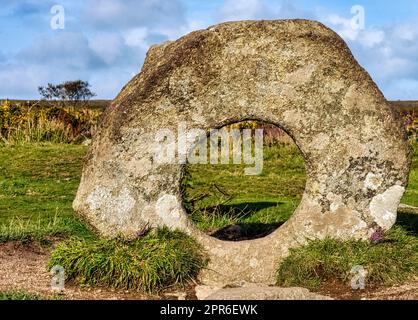 Men-an-Tol known as Men an Toll or Crick Stone - small formation of standing stones in Cornwall, United Kingdom Stock Photo