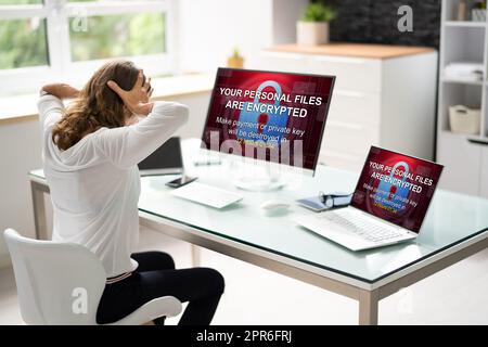Ransomware Malware Attack. Business Computer Hacked Stock Photo