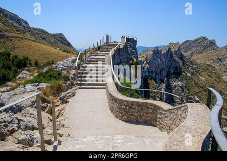 Stairs on the walkway of the mirador ("viewpoint") of Es Colomer in the north of Mallorca in the Balearic Islands, Spain Stock Photo