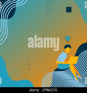 Woman Sitting With Laptop Actively Accomplishing Work From Home With New Thoughts. Girl Busy Typing On Computer Brainstorming New Ideas Stock Vector