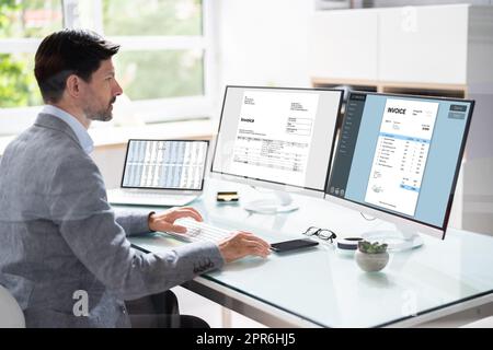 Online Electronic Business Invoice Or Bill. Businessman Looking Stock Photo