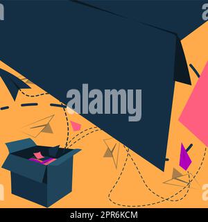 Open Box With Flying Paper Planes Presenting New Free Ideas. Exposed Crate Floating Origami Kites Towards The Sky Stock Vector