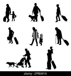 Silhouettes of refugees on white background Stock Photo