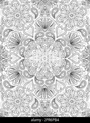 Kaleidoscope Symmetrical Mandala Flower Colorless Line Drawing Stock Photo