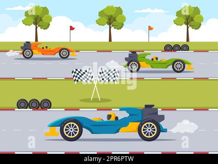 Formula Racing Sport Car Reach on Race Circuit the Finish Line Cartoon Illustration to Win the Championship in Flat Style Design Stock Photo