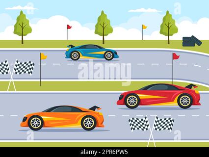 Formula Racing Sport Car Reach on Race Circuit the Finish Line Cartoon Illustration to Win the Championship in Flat Style Design Stock Photo