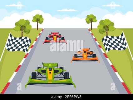 Formula Racing Sport Car Reach on Race Circuit the Finish Line Cartoon Illustration to Win the Championship in Flat Style Design Stock Photo