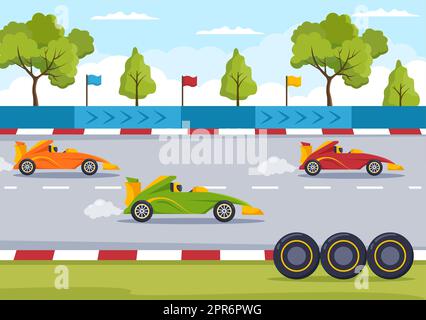 Formula Racing Sport Car Reach on Race Circuit the Finish Line Cartoon Illustration to Win the Championship in Flat Style Design Stock Photo