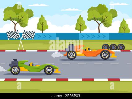 Formula Racing Sport Car Reach on Race Circuit the Finish Line Cartoon Illustration to Win the Championship in Flat Style Design Stock Photo