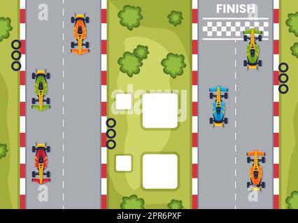 Formula Racing Sport Car Reach on Race Circuit the Finish Line Cartoon Illustration to Win the Championship in Flat Style Design Stock Photo