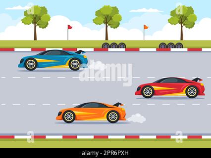 Formula Racing Sport Car Reach on Race Circuit the Finish Line Cartoon Illustration to Win the Championship in Flat Style Design Stock Photo