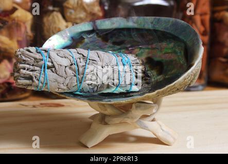 Abalone Shell With Sage Incense For Cleansing and Purification Stock Photo