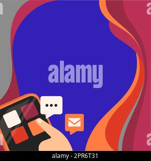 Finger Pressing Application Button Presenting Technological Advances Global Network Connection. Hand Using Mobile Opening Digital Representing Technology Development. Stock Vector