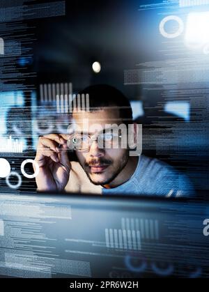 Testing his code. Cropped shot of a male computer programmer working on new code. Stock Photo