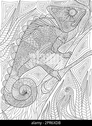 Coloring Book Page With Iguana Climbing On Tree With Detailed Background. Sheet To Be Colored With Lizard Crawling On Wood. Chameleon Going Up On Timber. Stock Photo