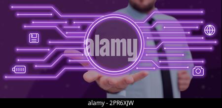 Businessman With Hand Showing Crucial Information And Digital S In A Futuristic Design With Glowing Lines. Man Presenting Important Data And Processes. Stock Photo