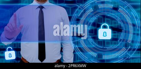 Businessman Pointing Hand And Showing Lock Sign For Data Privacy And Messages In An Abstract Design. Man With A Necktie Displaying The Lock To Secure Crucial Information. Stock Photo