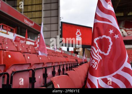 The City Ground, Nottingham, UK. 26th Apr, 2023. Premier League Football, Nottingham Forest versus Brighton and Hove Albion; Flags ready to be waved Credit: Action Plus Sports/Alamy Live News Stock Photo