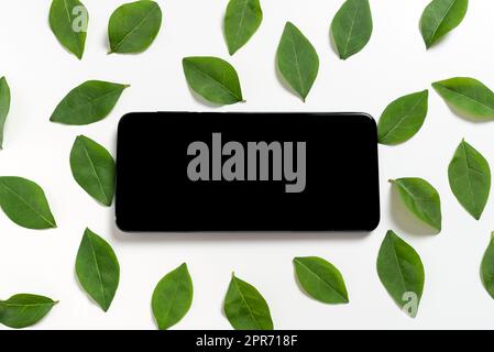 Smartphone With Blank Display Screen Placed Between Fresh Leaves Presenting Modern Technology. Cellphone Surrounded With Foliage Leafage For Creative Business Promotion. Stock Photo