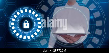 Businesswoman Holding A Tablet Displaying A Digital Lock In A Futuristic Round Design. Woman With A Touch Screen Showing Encrypted Messages In A Secured Connection. Stock Photo