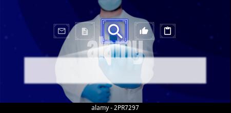 Doctor Touching New Technology System Search Bar. Man Introducing Futuristic Searching.Adult Presenting Technology Futuristic Search.Science Concepts Digitally Generated Image Stock Photo