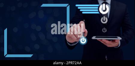 Businessman Holding A Pen And Tablet With Multiple Power Button Symbols On Top And Displaying Crucial Messages. Man Having A Pen And Pad On Hand Presenting Ideas. Stock Photo
