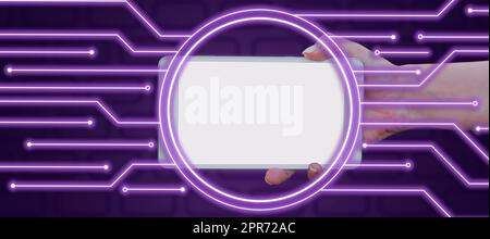 Businesswoman Hand Holding Tablet In Digitally Generated Circle With Multiple Lines. Woman With Smartphone Communicating Technical Ideas And Business Information. Stock Photo