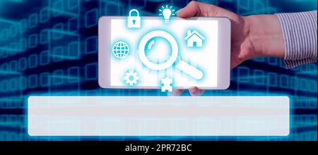 Businessman Holding A Tablet With Digital S And Search Bar Looking For Data In An Abstract Design. A Hand Showing A Pad Checking Important Information And Concepts. Stock Photo