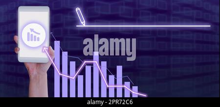 Businesswoman Hand Holding Smartphone Showing Digital Bar Graph With Arrow Symbol Moving Up. Woman Presenting Business Data And Analyzing Growth And Achievement. Stock Photo