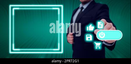 Male Executive Pointing On Digitally Generated Multiple S And Power Button By Graphical Display. Businessman Presenting Important Information And Modern Technology Stock Photo