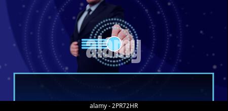 Male Executive Pointing At Digitally Generated Bar Graph Over Graphical Display Presenting Data. Businessman Wearing Suit Representing Strategies For Business Progress. Stock Photo