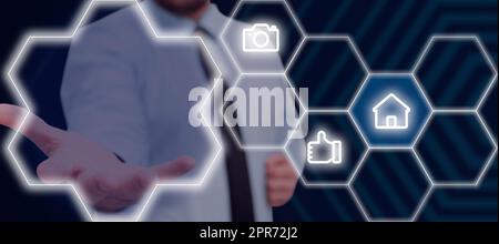 Businessman Extending Hand Showing Homepage And Other Symbols In An Abstract Hexagon Design. Man With Necktie Presenting Crucial Information And New Concepts. Stock Photo
