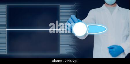 Doctor Holding Pen Pointing On Graphic By Digitally Generated Boxes Showing Modern Technology. Scientist Wearing Lab Coat And Gloves Presenting New Ideas. Stock Photo